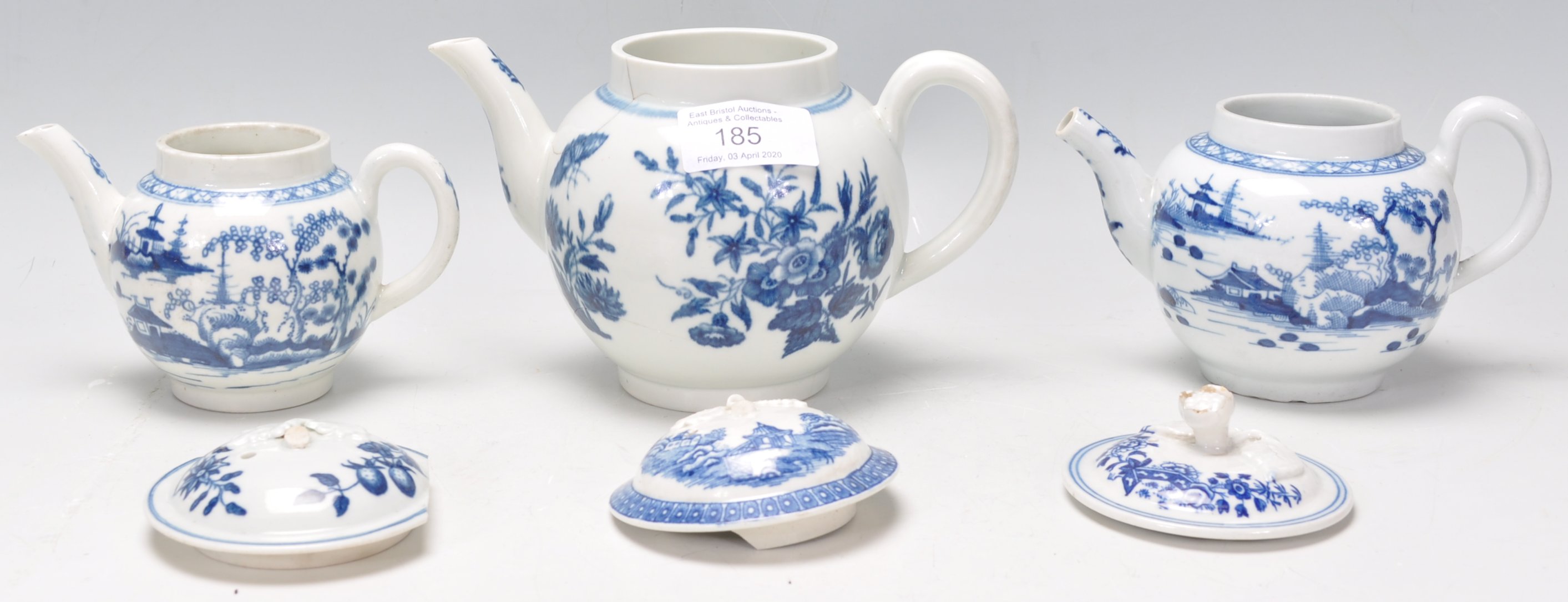 A group of three 19th Century blue and white old Worcester miniature tea pots of small - Image 2 of 10