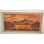 J. Booth - A vintage retro mid 20th Century oil on board painting a sunset lake scene with trees and