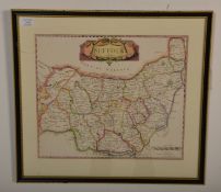 Robert Morden – an 18th century engraved and hand coloured map of Suffolk. Framed and glazed.