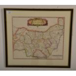 Robert Morden – an 18th century engraved and hand coloured map of Suffolk. Framed and glazed.