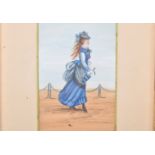 An early 20th Century watercolour on paper painting depicting an Edwardian lady walking with a