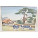 Terry Bevan - An original water colour on paper painting depicting grazing cows with a cattleshed in