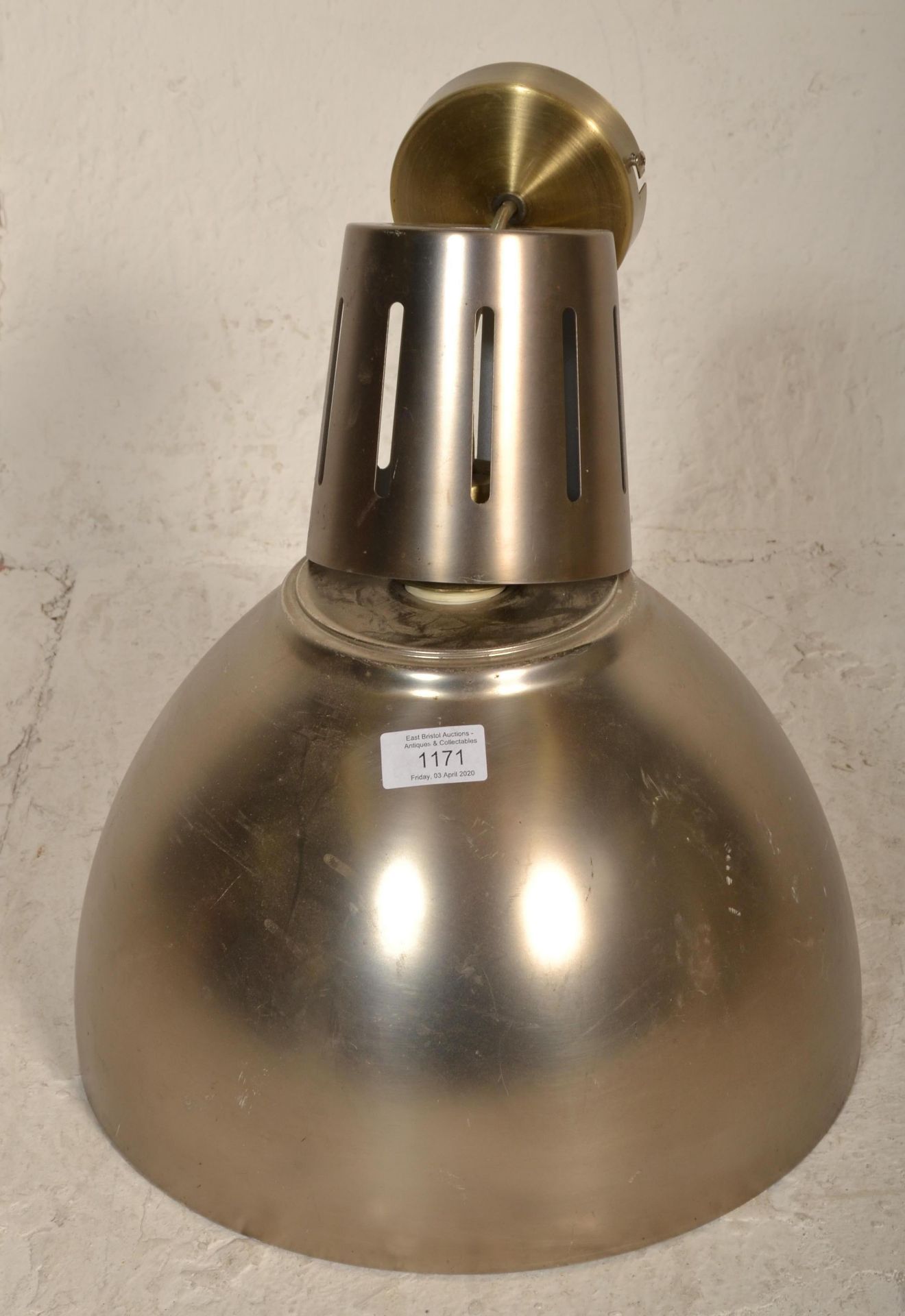 A set of 4 contemporary factory / Industrial style brushed gold aluminium pendant lights each with - Image 3 of 4