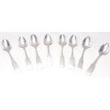 A set of 8 American A. Wilcox & B&M silver teaspoons in the fiddle pattern stamped to the back of