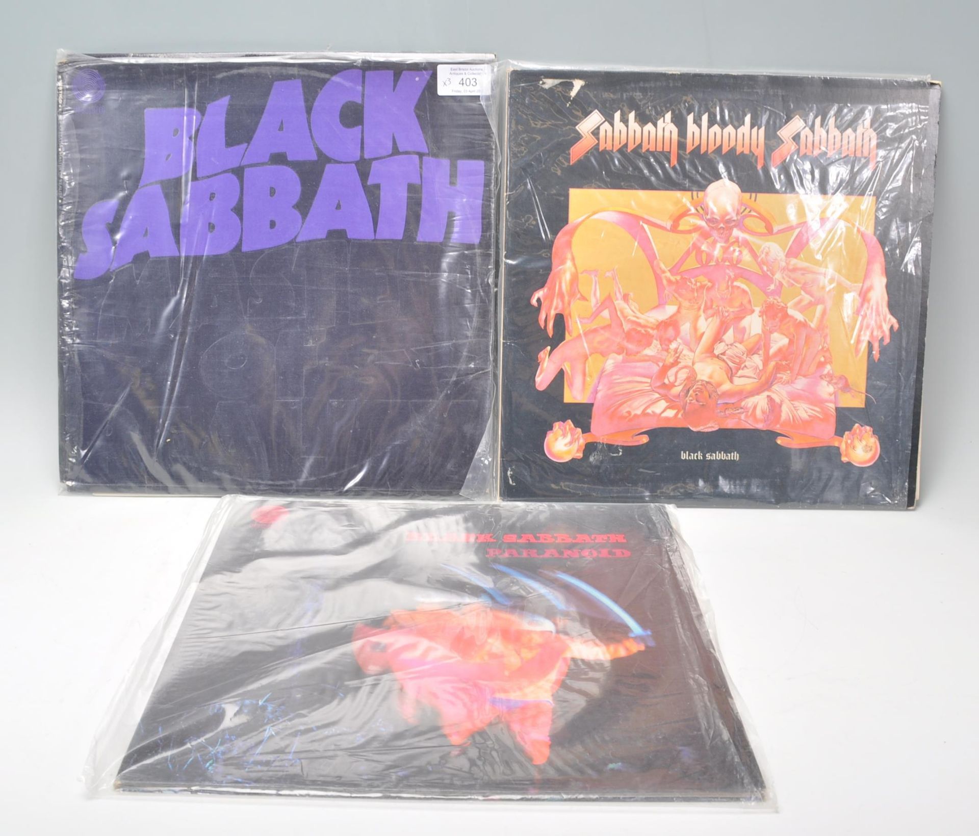 A group of three Vinyl Long Play LP Record albums by Black Sabbath to include Paranoid on Vertigo,