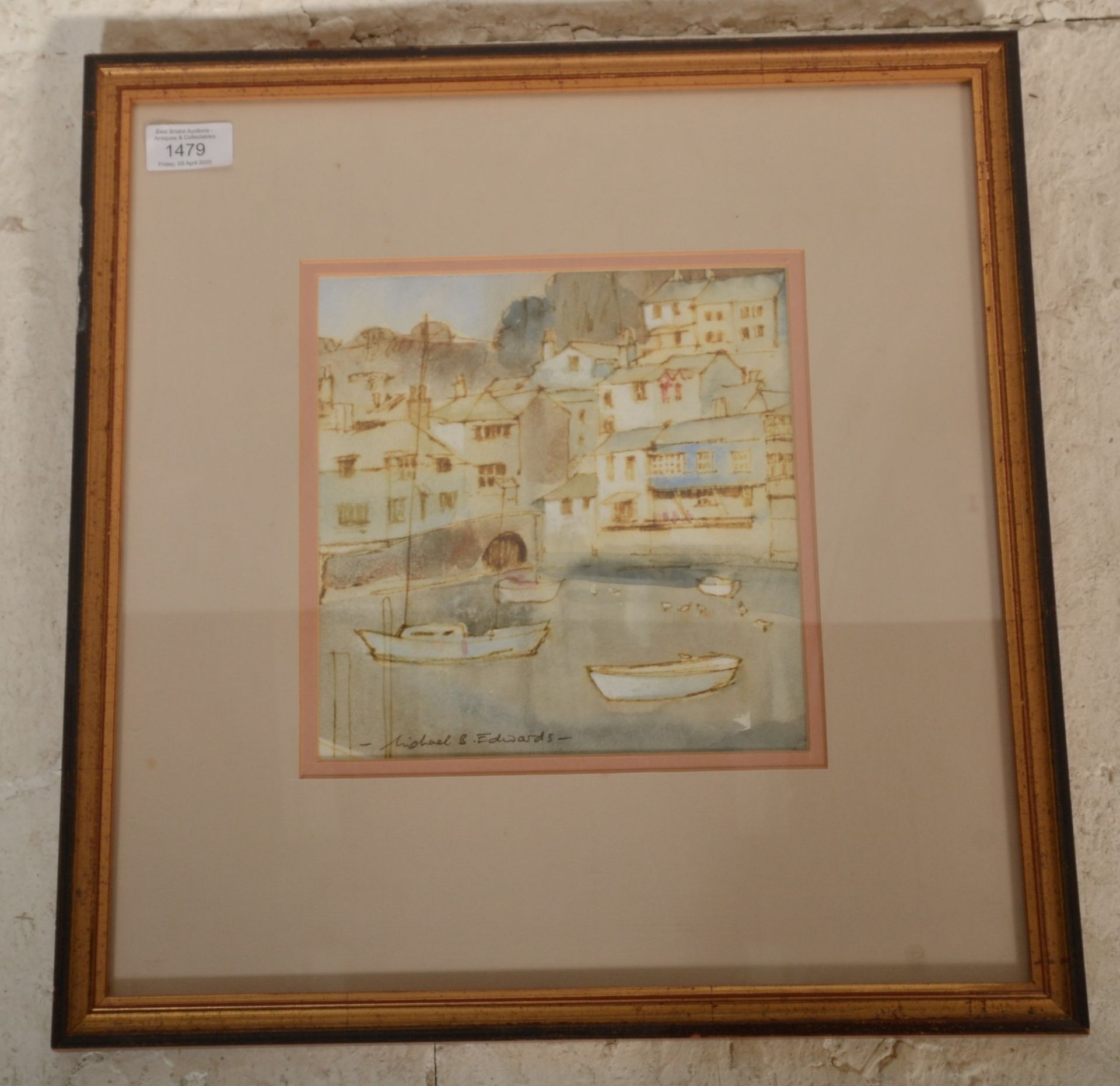 Michael B Edwards - A original water colour painting depicting a harbour side with moored boats