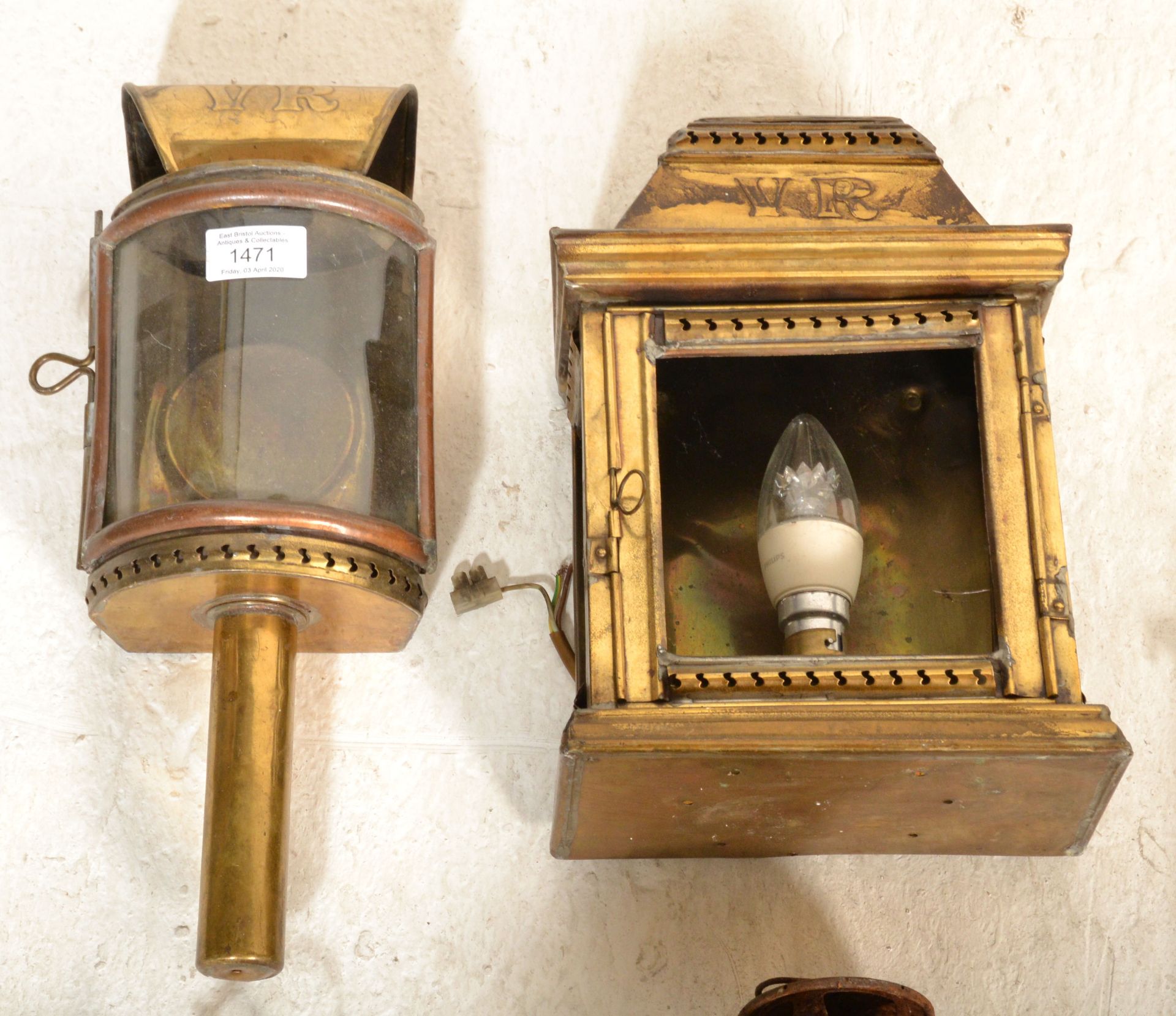 A collection of old vintage 19th and 20th century lamps to include brass cased with WR monogram, - Image 2 of 6