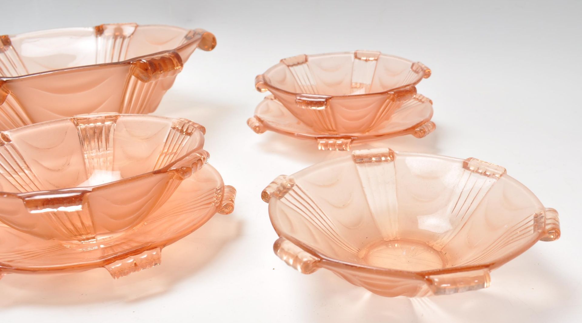 A set of six early 20th Century Art Deco pink frosted glass fruit bowls and plates together with - Image 6 of 6