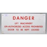 A vintage 20th Century enamel sign having white ground with red lettering reading 'DANGER Lift