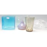 A mixed group of studio art glass vases to include a large square planter example, clear glass