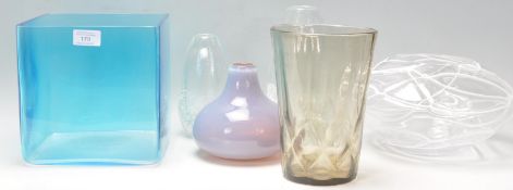 A mixed group of studio art glass vases to include a large square planter example, clear glass