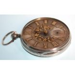 A good 19th Century Victorian silver hallmarked pocket watch having a silvered dial with gold inlaid