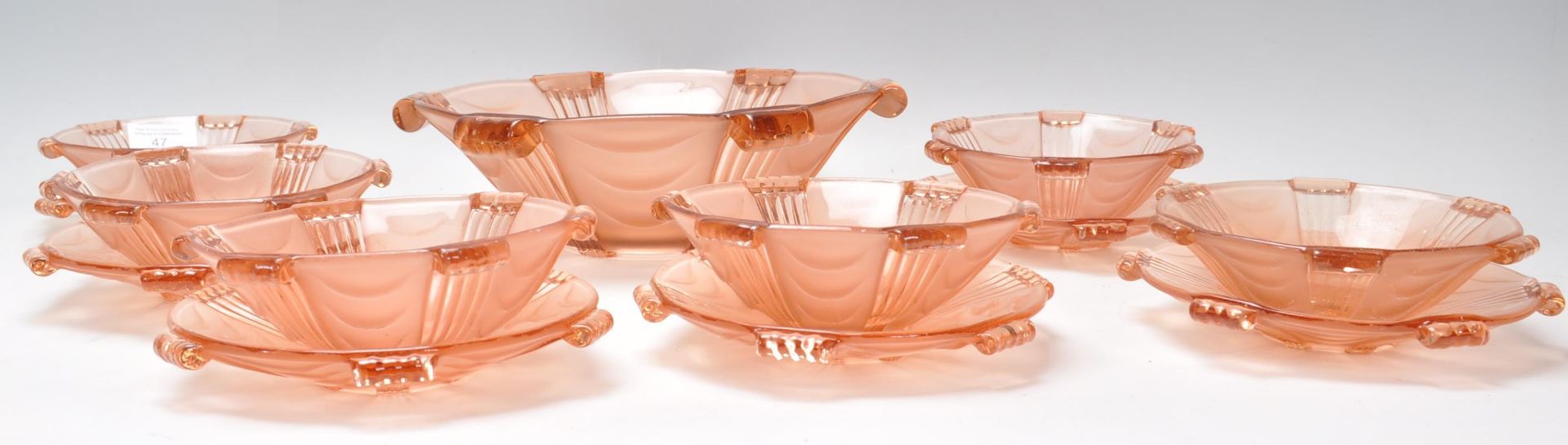 A set of six early 20th Century Art Deco pink frosted glass fruit bowls and plates together with - Image 2 of 6