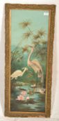 An vintage early / mid 20th century Japanese reverse painted glass panel depicting cranes within a
