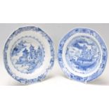 Two 19th Century porcelain Chinese blue and white plates of octagonal form each being hand painted