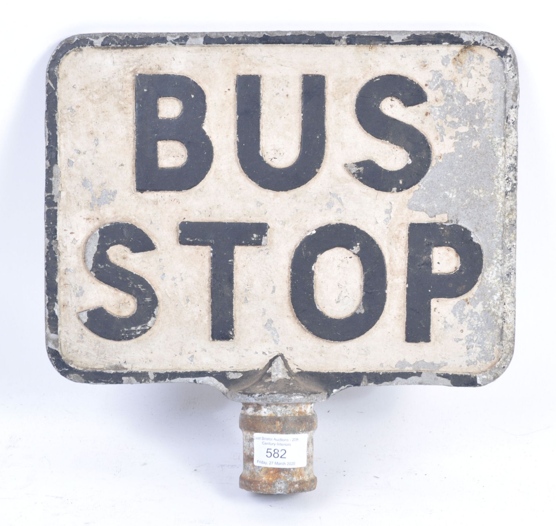 VINTAGE CAST IRON ' BUS STOP ' DOUBLE SIDED SIGN TOPPER