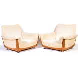 PAIR OF ERCOL BEECH WOOD LOW ARMCHAIRS
