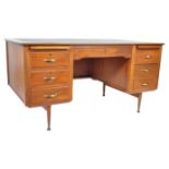 An original 20th Century retro vintage industrial oak twin pedestal partners desk having a leather