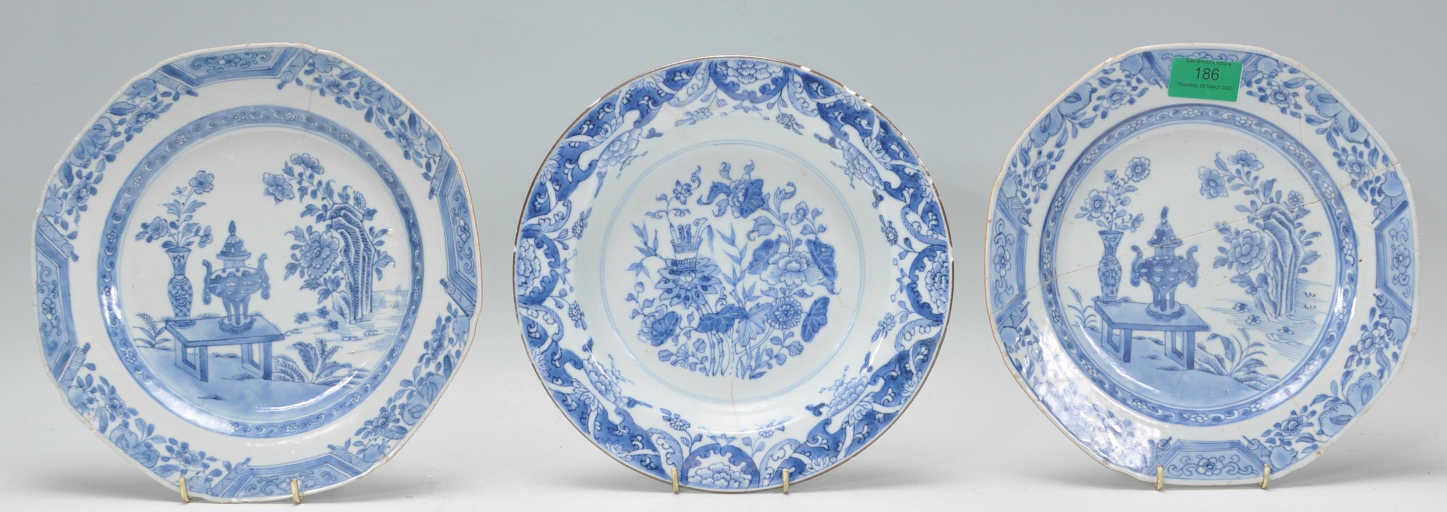 A group of three 18th Century Chinese blue and whi