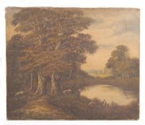 ANTIQUE 19TH CENTURY OIL ON CANVAS POND PAINTING