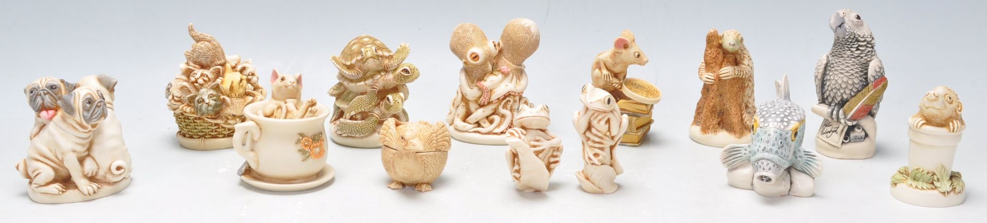 A group of thirteen Harmony Kingdom resin animal novelty figurines / trinket pots to include Balzac,