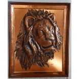 A good large retro framed copper panel having a central applied repousse decorated lion panel.