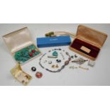 A collection of costume jewellery to include sterling silver and turquoise bird earrings with