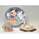 A group of three Disney Royal Doulton ceramic figures and plate to include The Mickey Mouse
