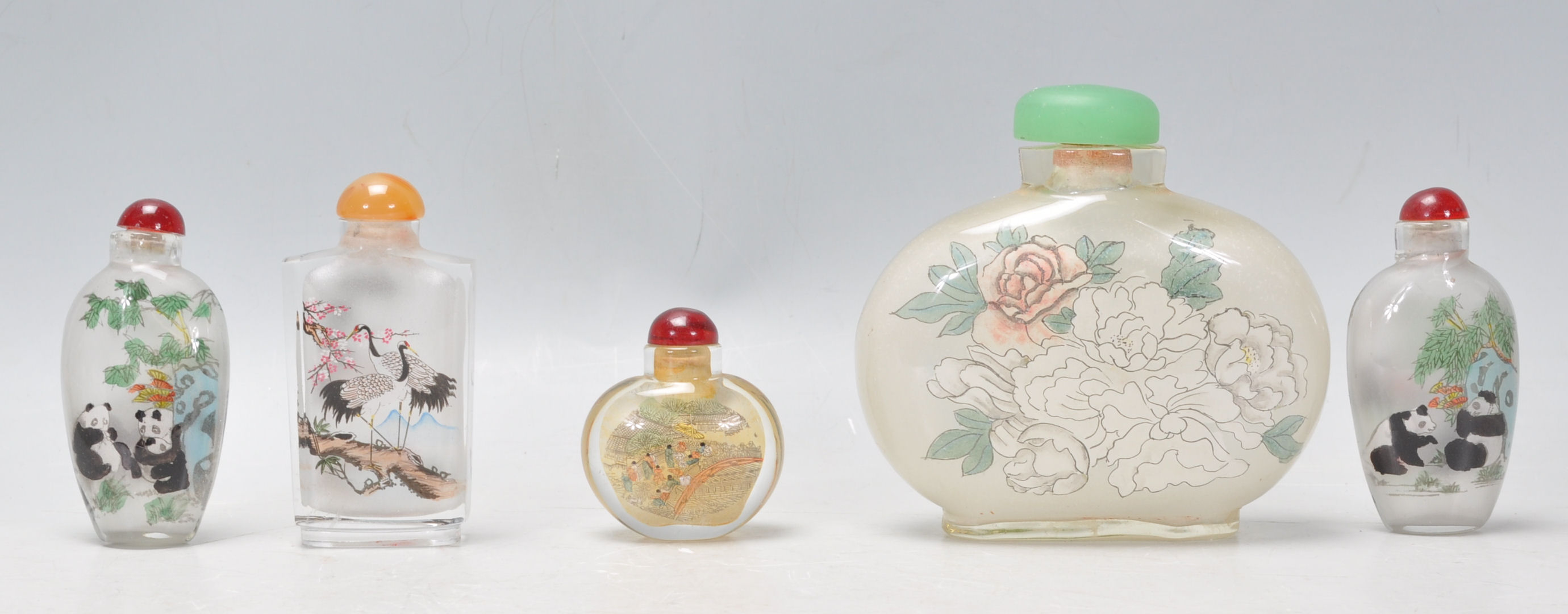 A group of five Oriental Chinese glass painted perfume scent bottles of varying form and decoration. - Image 3 of 6