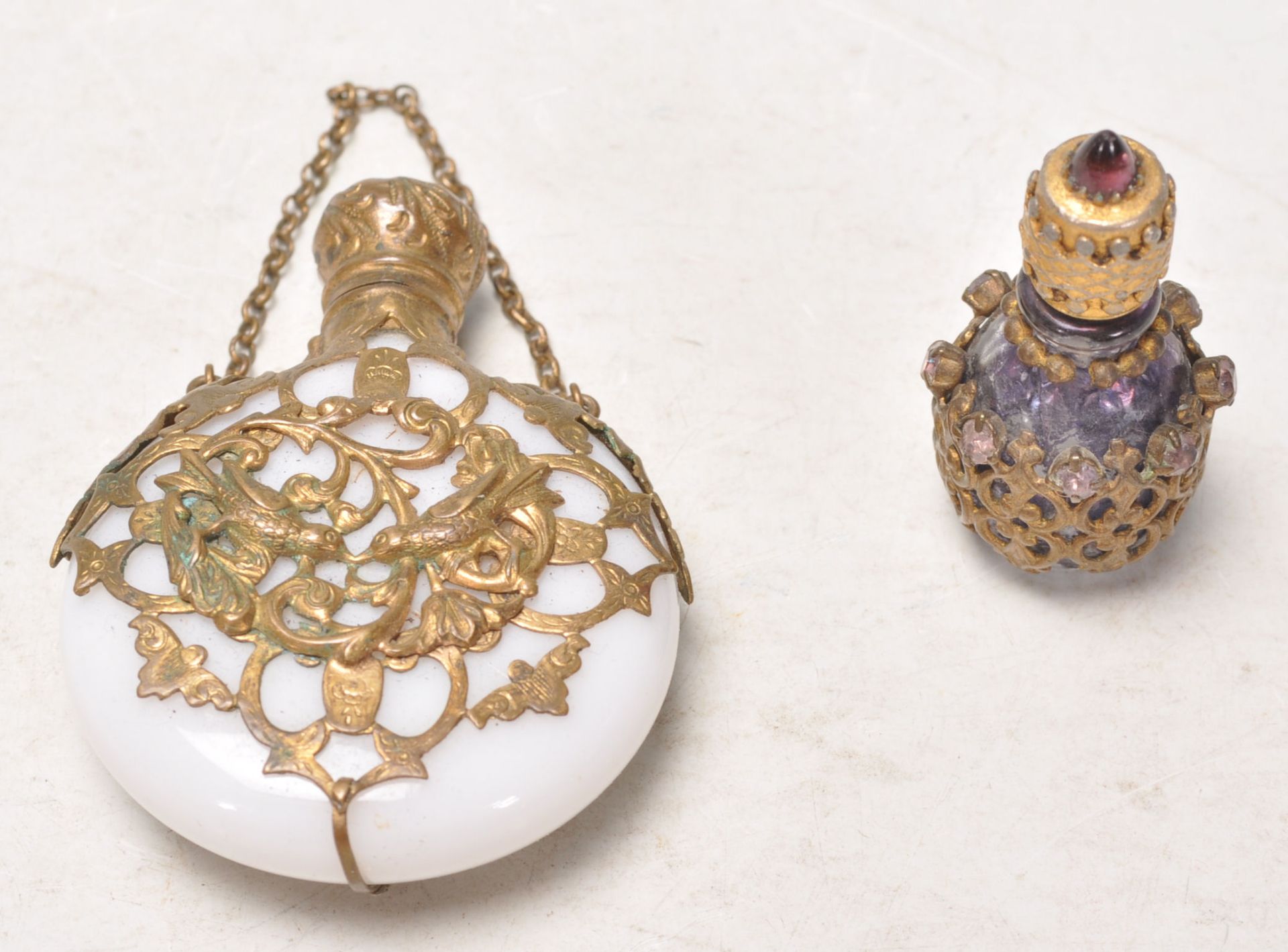 A 19th Century Victorian antique French chatelaine opaline milk glass scent bottle of round form