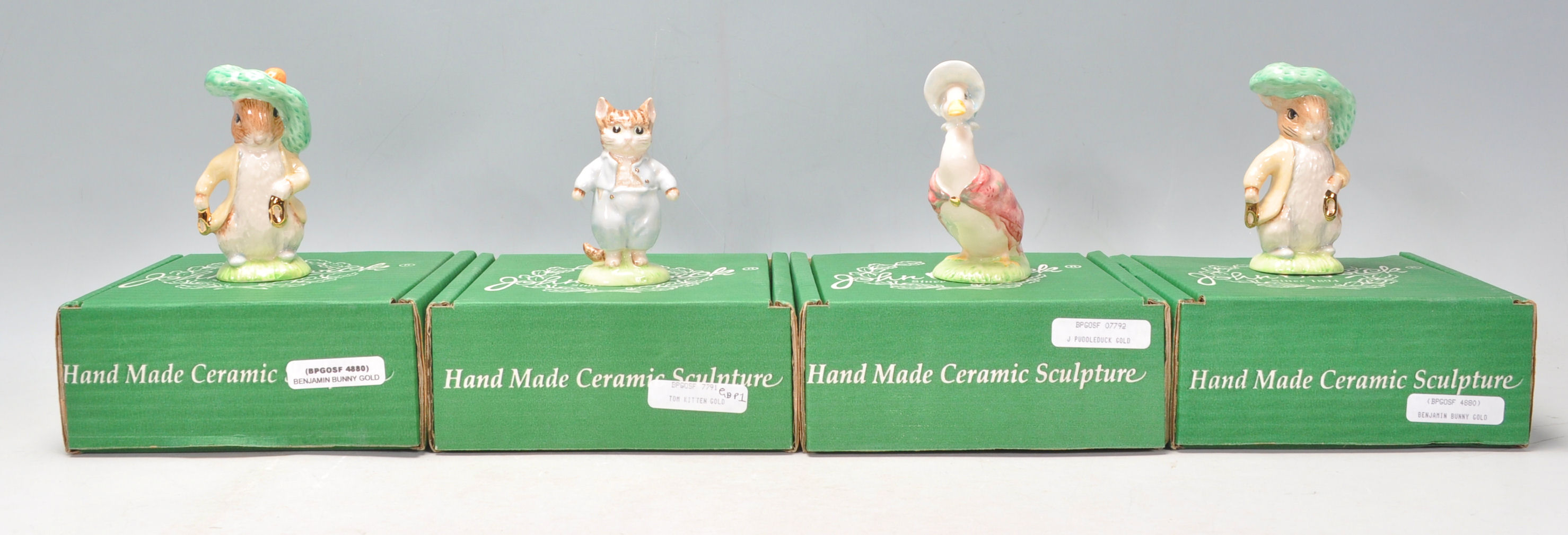 A group of Gold Stamp Beswick Beatrix Potter porcelain figures to include X2 Benjamin Bunny BPGOSF