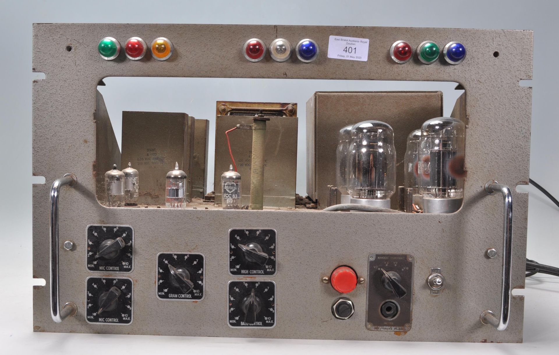 A vintage mid 20th Century valve amplifier having four original KT88 valves marked 8250Z.