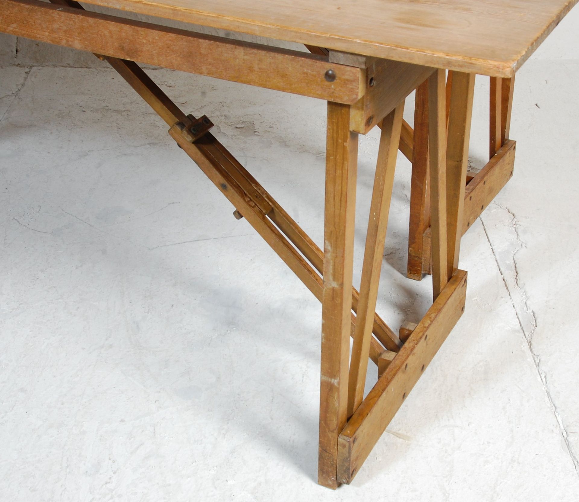 A pair of two mid 20th century vintage retro industrial folding trestle tables - refectory dining - Bild 3 aus 7