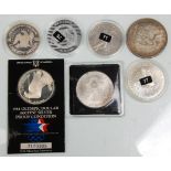 A group of seven silver American coins to include fine silver USA Eagles Veterans Day coin, 1 oz