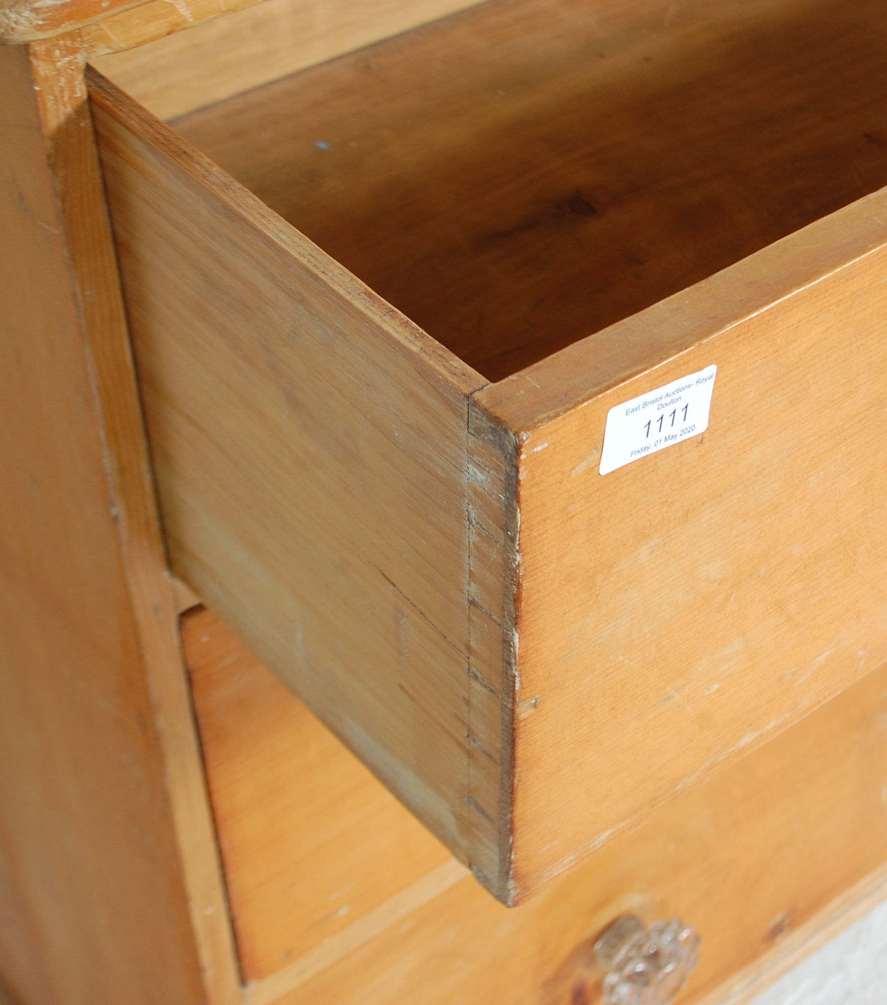 A Victorian pine cottage small chest of drawers being raised on bun feet with glass handles to the 3 - Image 4 of 7