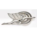 A stamped 925 silver pendant in the form of a stylised winged female figure with black enamel