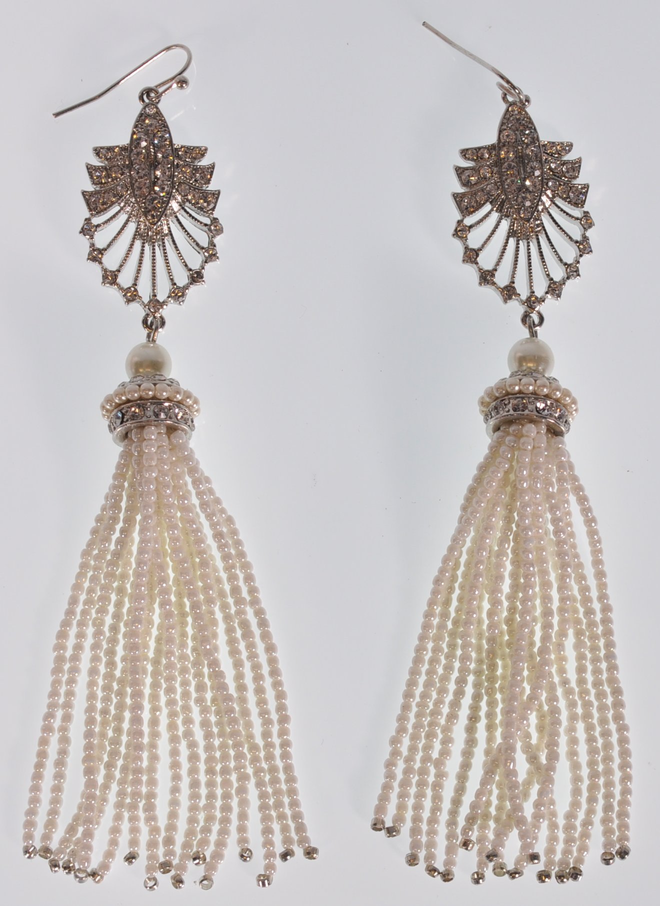 A pair of ladies silver dress drop earrings having a pierced decoration fanned drop set with white