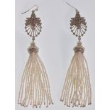 A pair of ladies silver dress drop earrings having a pierced decoration fanned drop set with white