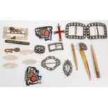 A mixed group of items to include sewing related items, needle case, mother of pearl engraved discs,