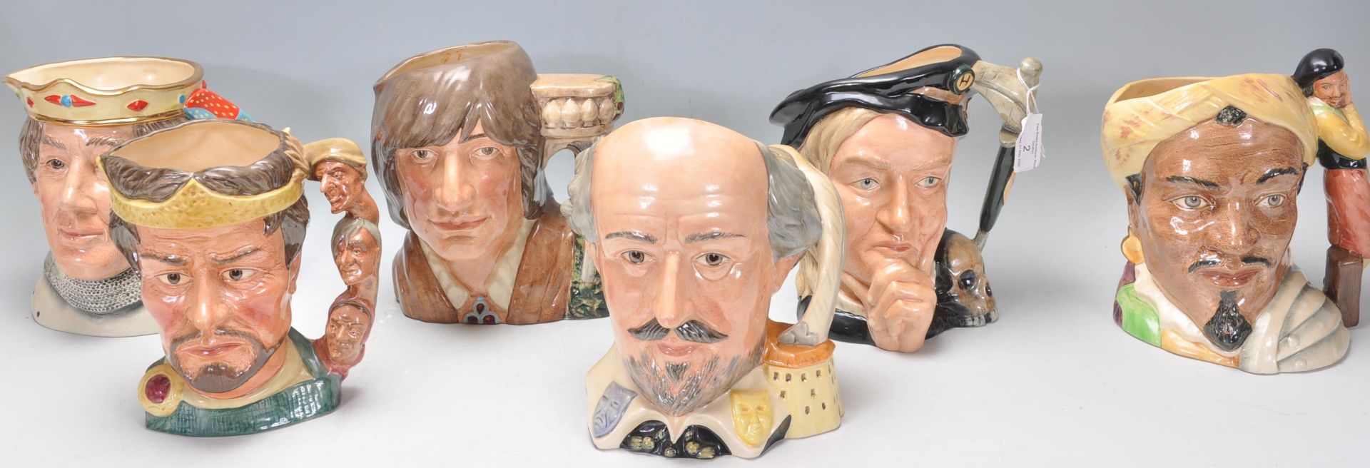 A group of six Royal Doulton ceramic Shakespearean Collection character jugs to include Macbeth