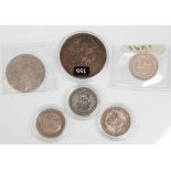 A group of coin dating from the 19th Century to include a 1890 silver shilling, 1890 Victorian