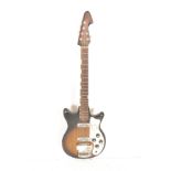 A retro mid 20th Century 1960's Stratocaster style six string electric guitar. Burn wood effect body