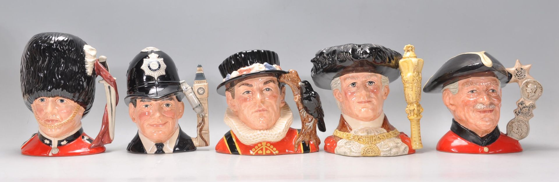 A group of five Royal Doulton English related ceramic Character / Toby jugs to include The Guardsman