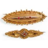Two antique 19th Century Victorian 9ct yellow gold mourning brooches. One set with a central white