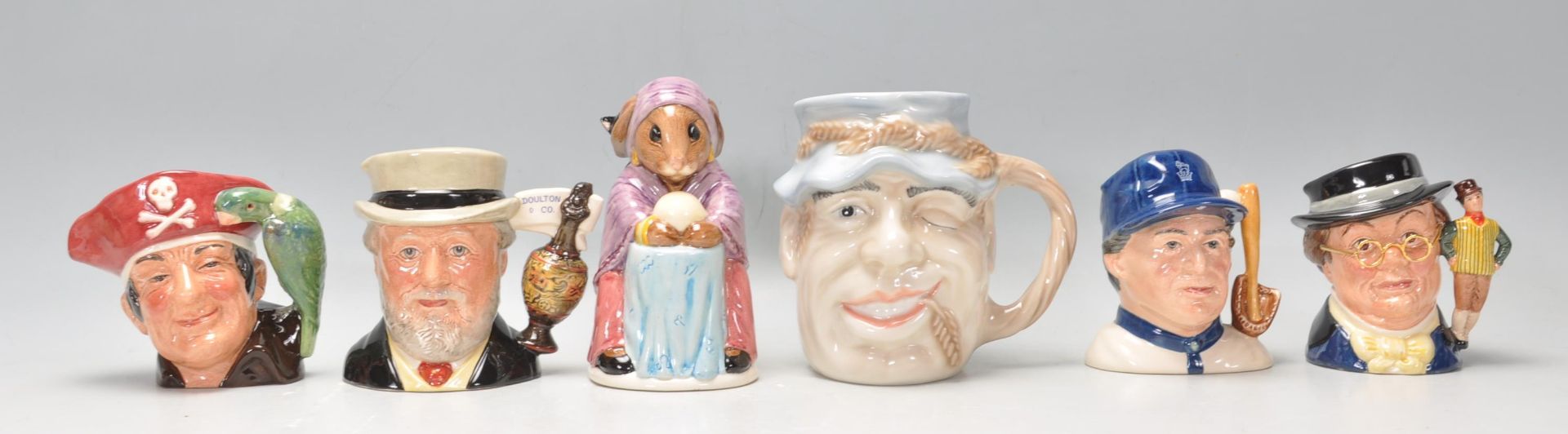 A group of six Royal Doulton ceramic Character / Toby jugs to include Long John Silver D7138, Sir