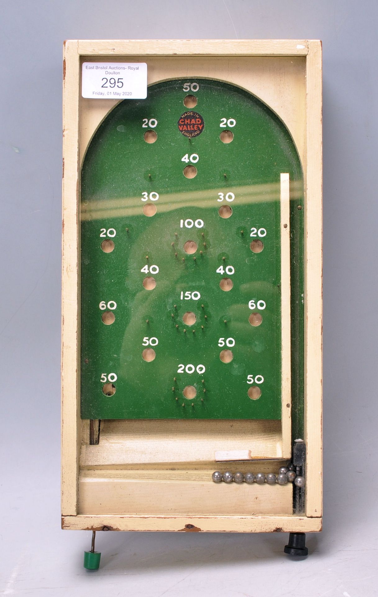A lovely small vintage 20th Century advertising Chad Valley wooden cased pinball machine, having