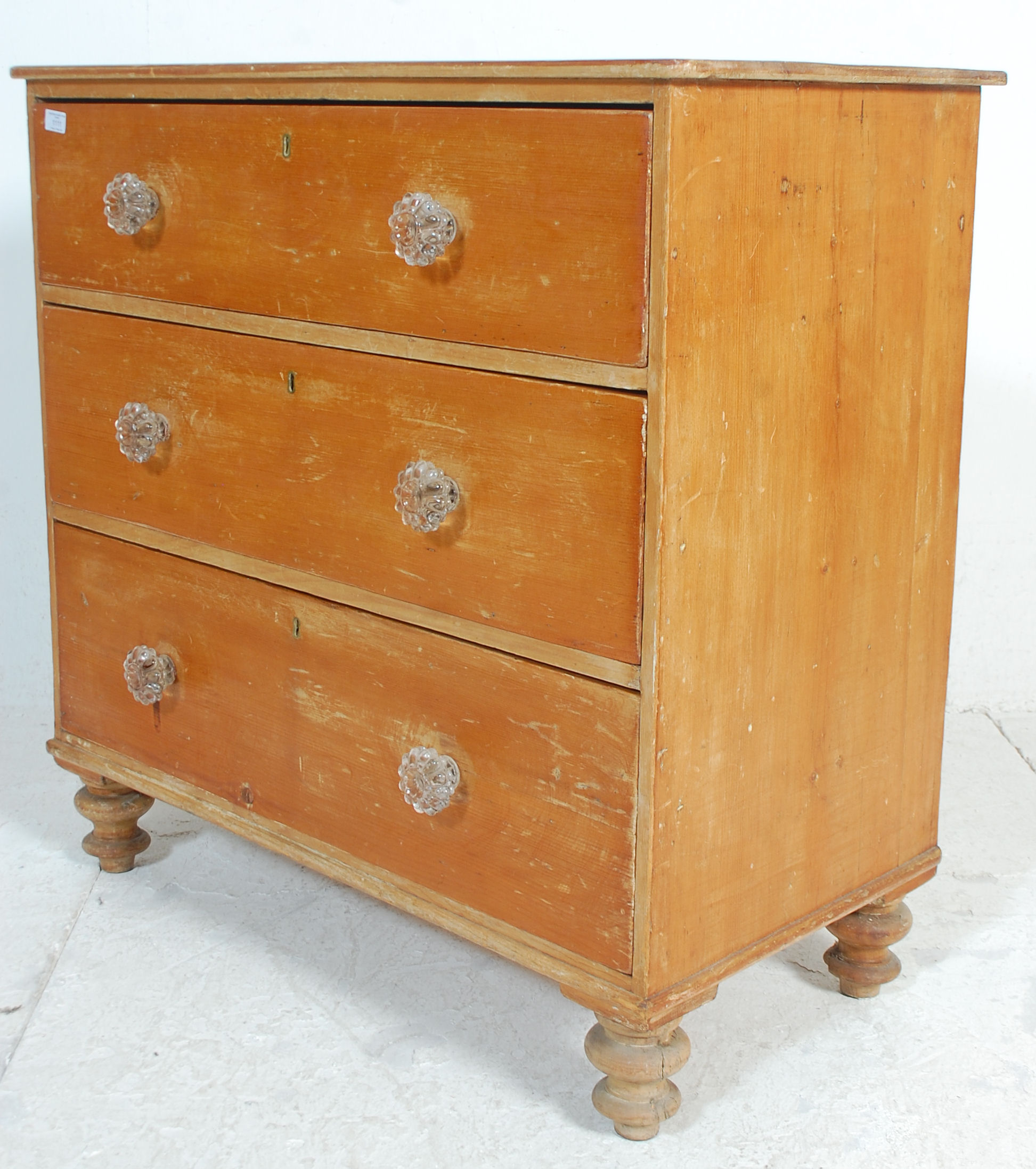 A Victorian pine cottage small chest of drawers being raised on bun feet with glass handles to the 3 - Image 7 of 7