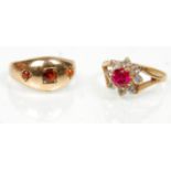 Two 9ct yellow gold ladies rings to include a gypsy ring set with three red stones. Hallmarked 375