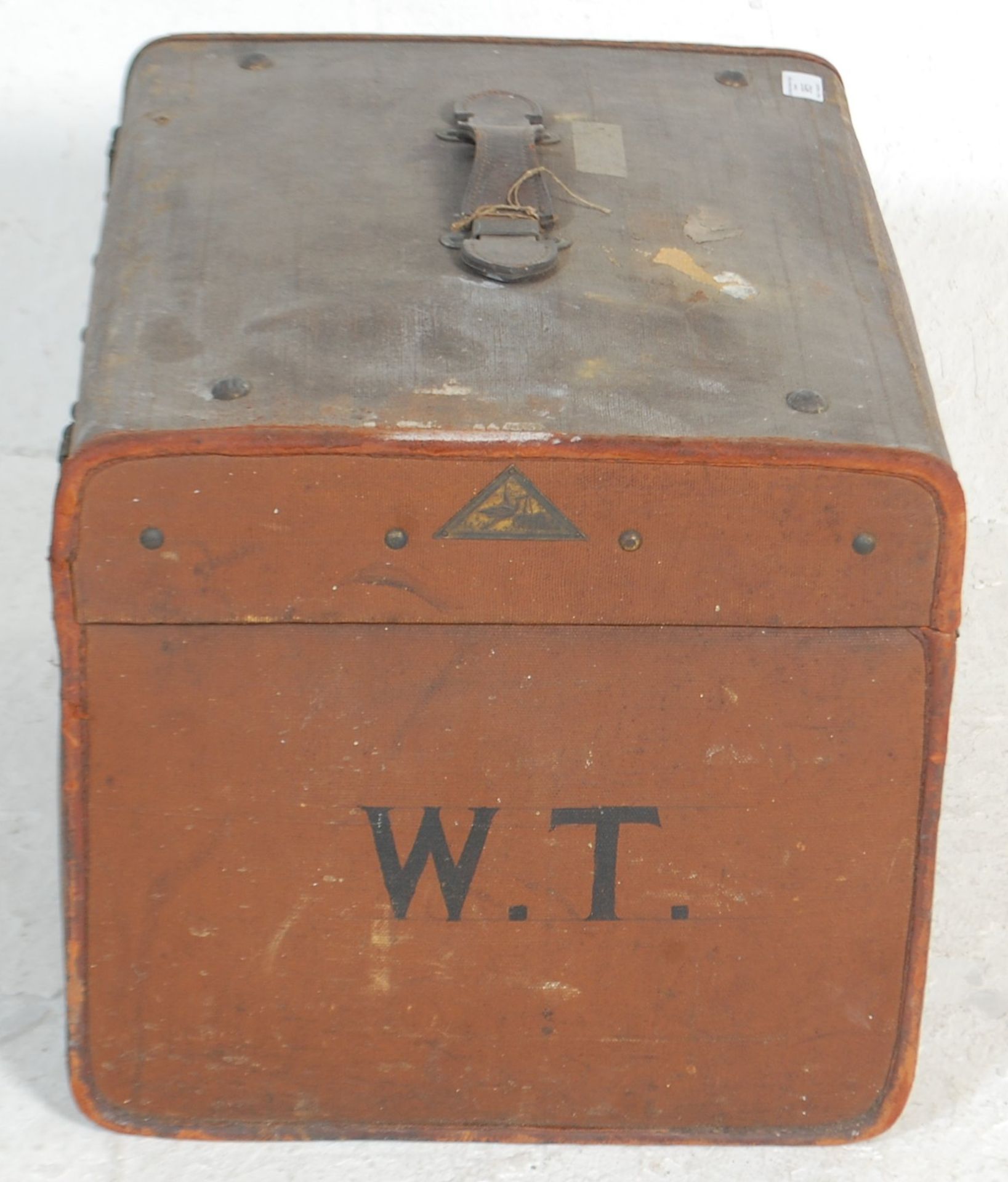 A vintage early 20th Century travelling trunk bound in brown canvas with painted initials WT and a - Bild 7 aus 8