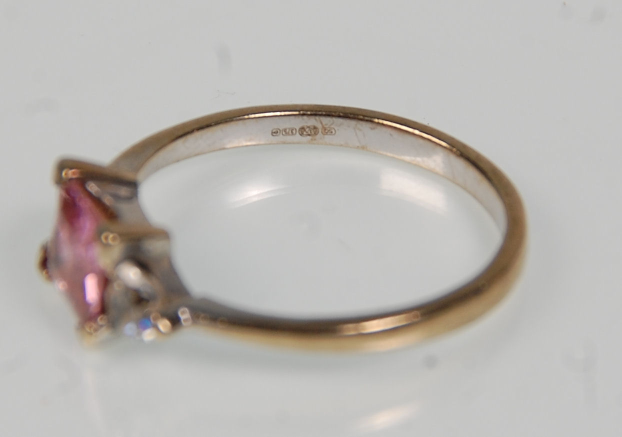 Two 9ct white gold ladies rings. One set with a square cut pink stone flanked by CZs. Hallmarked for - Image 3 of 14